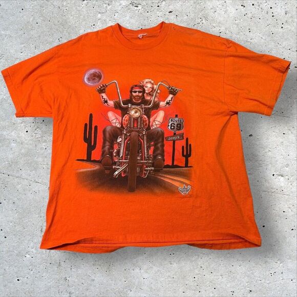 Tennessee River Other - Vtg Johnny’s Route 69 Biker Pinup T-Shirt Orange Sz XL Motorcycle Chopper Moon